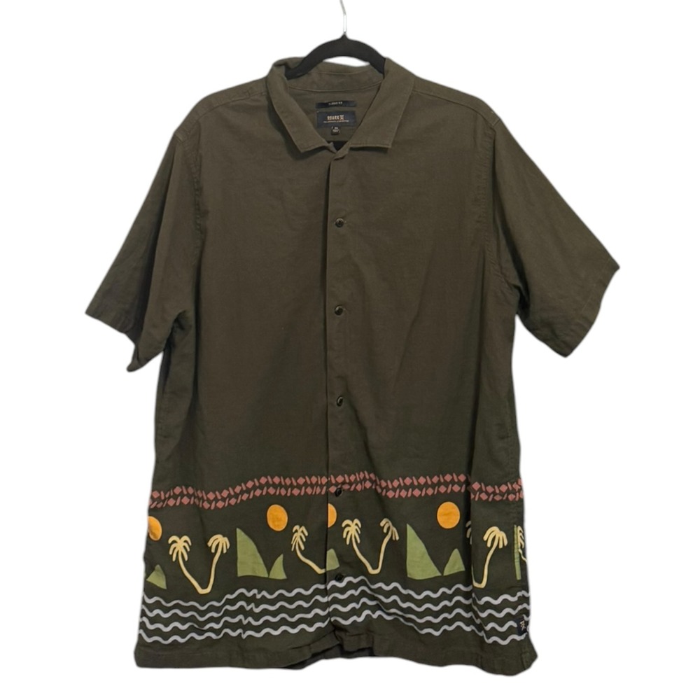 Roark Revival Mens XL Olive Green Organic Cotton Linen Graphic Button Down Shirt